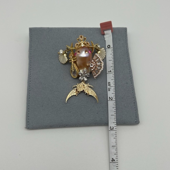 Gold Mermaid Brooch with Pearl and Crystal Accents